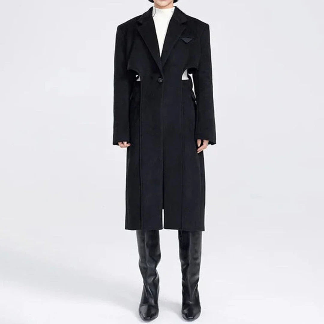 Elegant Autumn-Winter Woollen Overcoat with Waist Cut-Out Design - Premium Quality, Fashionable Silhouette, and Sophisticated Details