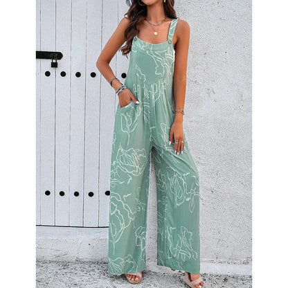 Elegant wide-leg jumpsuit with geometric print and suspenders, perfect for the fashion-conscious British woman