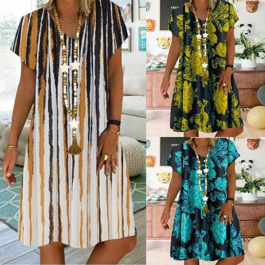 Elegant A-line dress with V-neckline and vibrant print, perfect for formal occasions and everyday wear