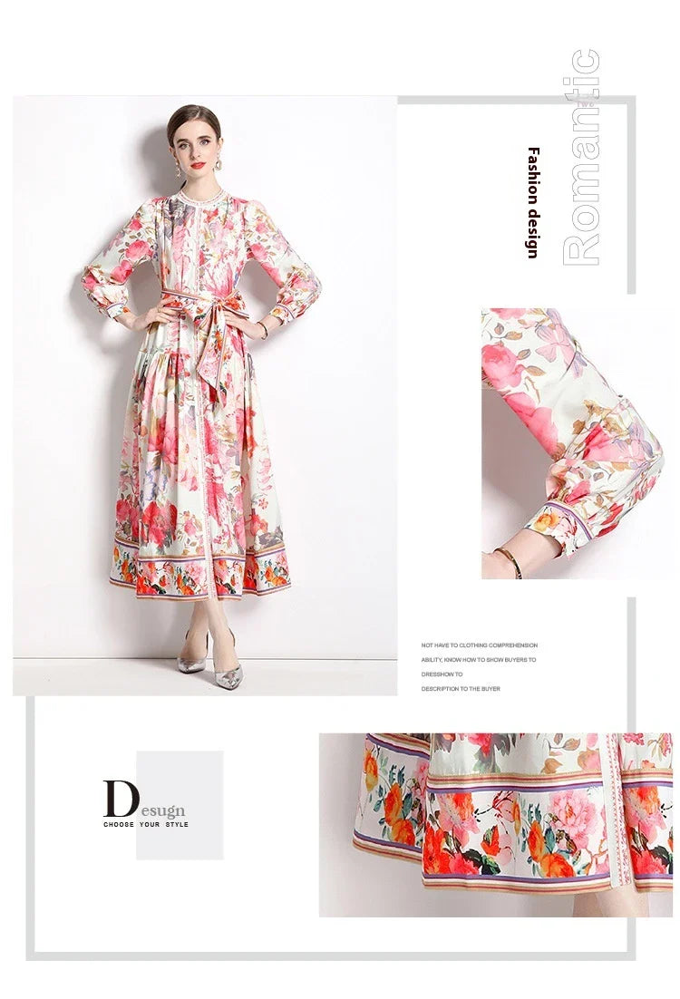 Elegant floral single-breasted swing dress with delicate print, tailored design, and flowing silhouette