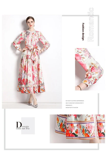 Elegant floral single-breasted swing dress with delicate print, tailored design, and flowing silhouette