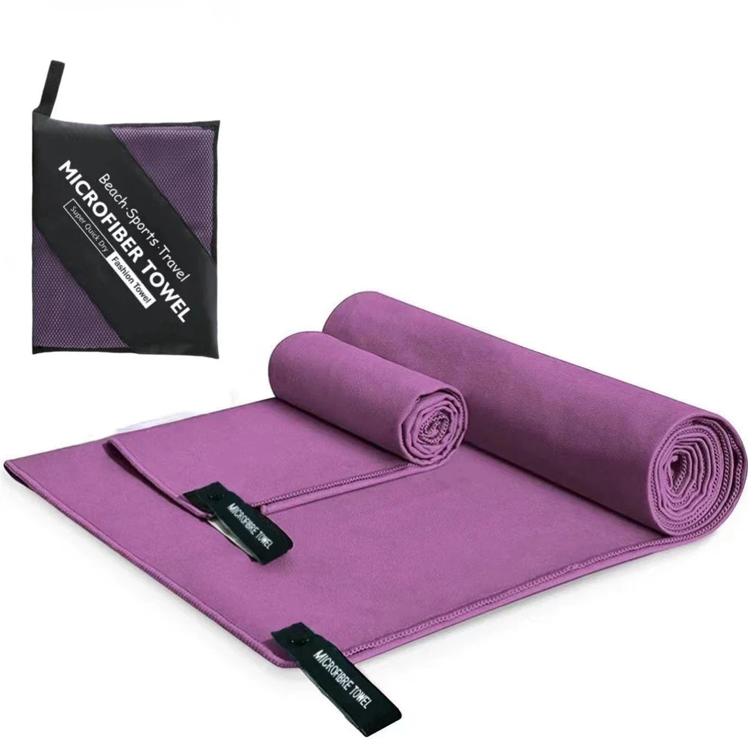 Premium quick-dry microfibre sports towel in various sizes, perfect for gym, yoga, swimming, camping, and beach activities