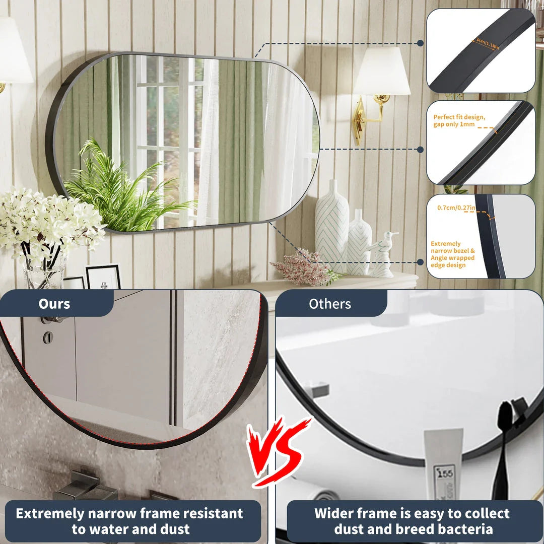Elegant black oval-shaped wall mirror with a modern and sophisticated design, perfect for bathroom, entryway, and living room decor.