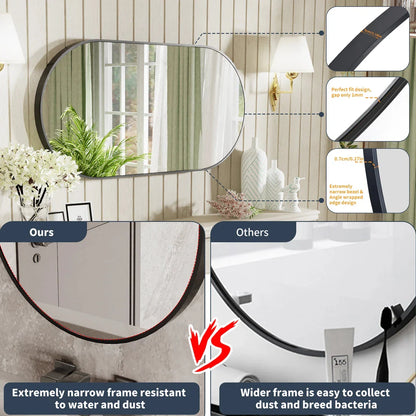 Elegant black oval-shaped wall mirror with a modern and sophisticated design, perfect for bathroom, entryway, and living room decor.