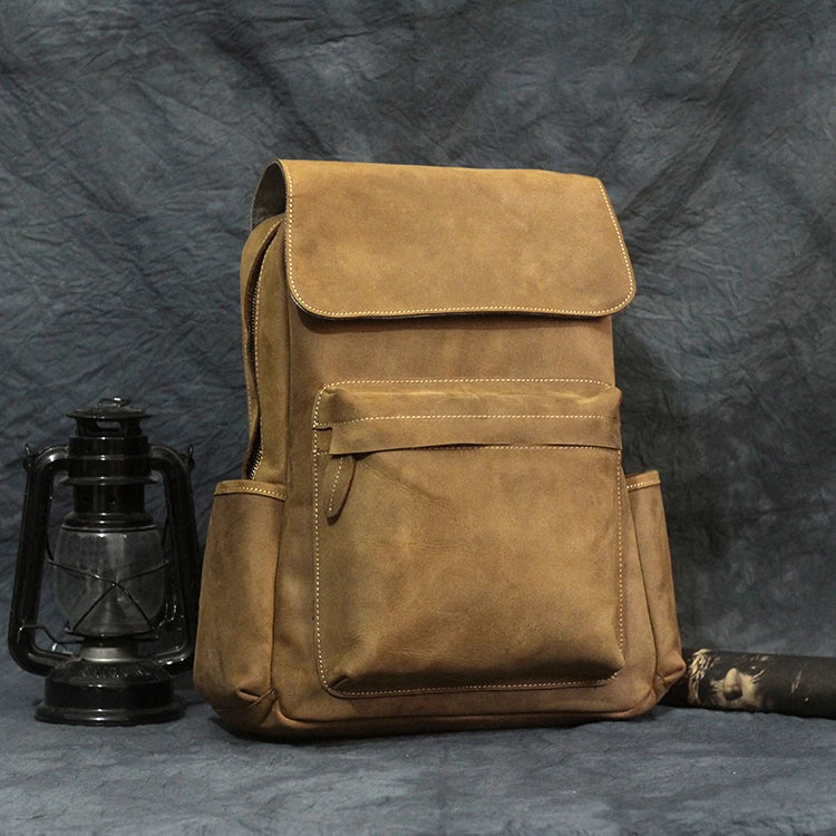 Premium Crazy Horse Leather Backpack with Retro Korean-inspired Design, Featuring Durable Canvas Lining and Ample Storage for 15-inch Laptops
