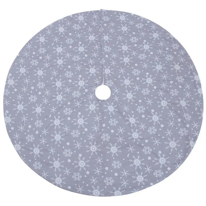 Grey background with intricate white snowflake design Christmas tree skirt
