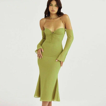 Elegant off-shoulder midi dress with lace-up back and mesh details, perfect for summer parties and events.