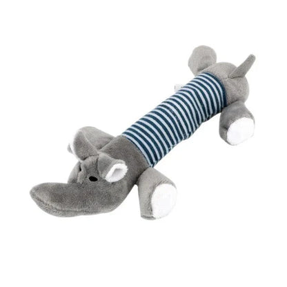 A vibrant, squeaky plush dog toy with textured stripes for dental cleaning during play