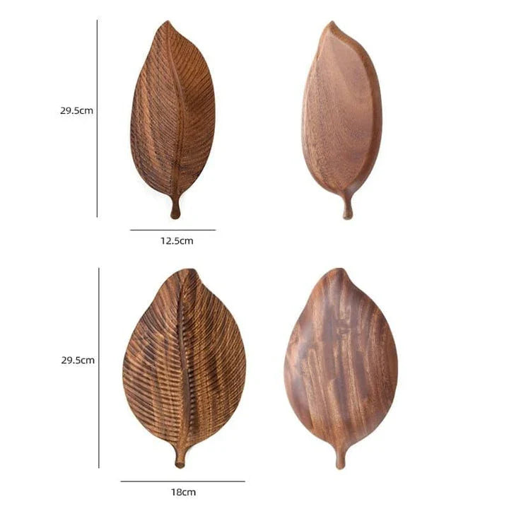 Elegant leaf-shaped serving platter made of solid oak wood, featuring a natural and stylish design for hosting and entertaining