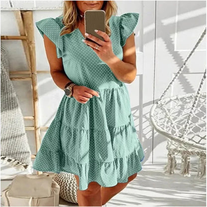 Elegant V-Neck Ruffled Dress with Digital Print in Blue, Premium Polyester Fabric, Versatile and Stylish