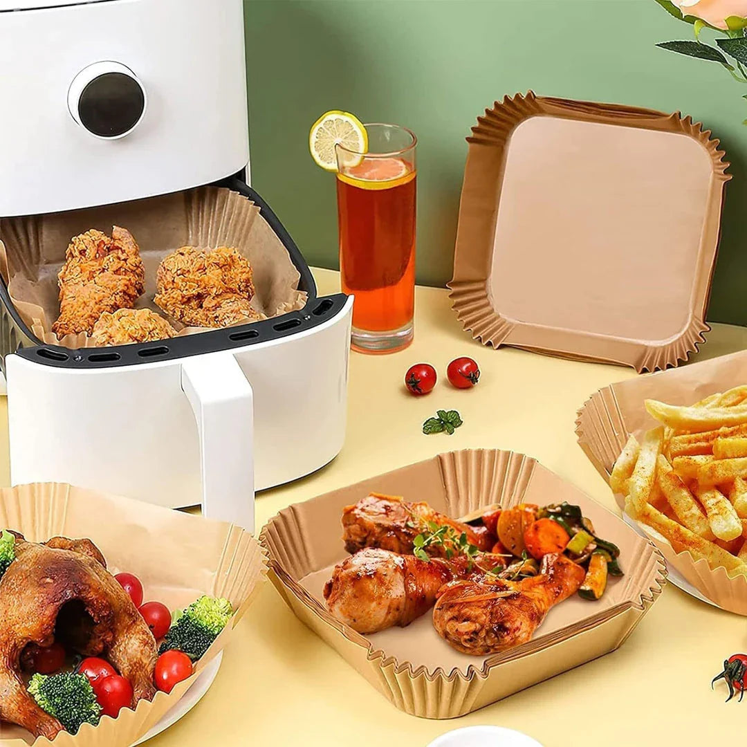 50 disposable air fryer liners made from non-toxic wood paper for easy clean-up and non-stick cooking