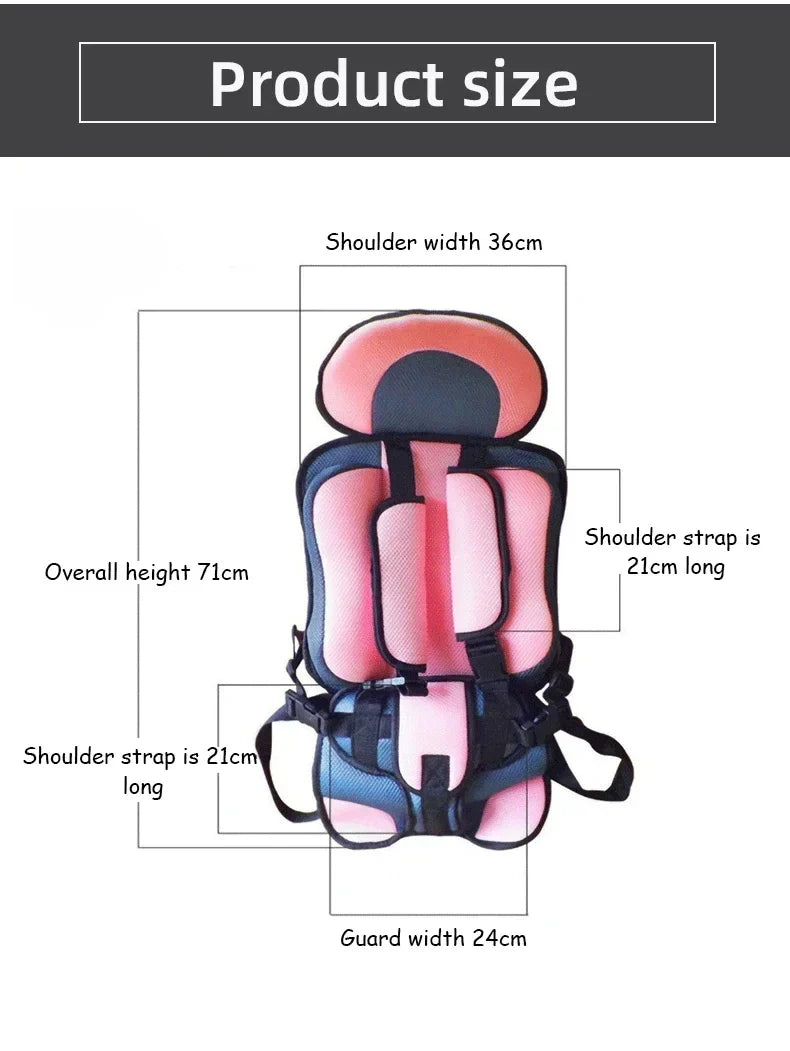 Adjustable infant car seat cushion with 5-point harness, plush padding, and foldable design for safe and comfortable travel with children
