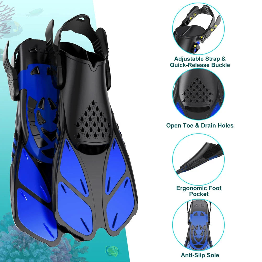 Adjustable open-heel snorkel fins with durable, lightweight construction and non-slip design for enhanced comfort and safety during underwater exploration