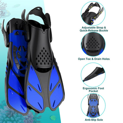Adjustable open-heel snorkel fins with durable, lightweight construction and non-slip design for enhanced comfort and safety during underwater exploration