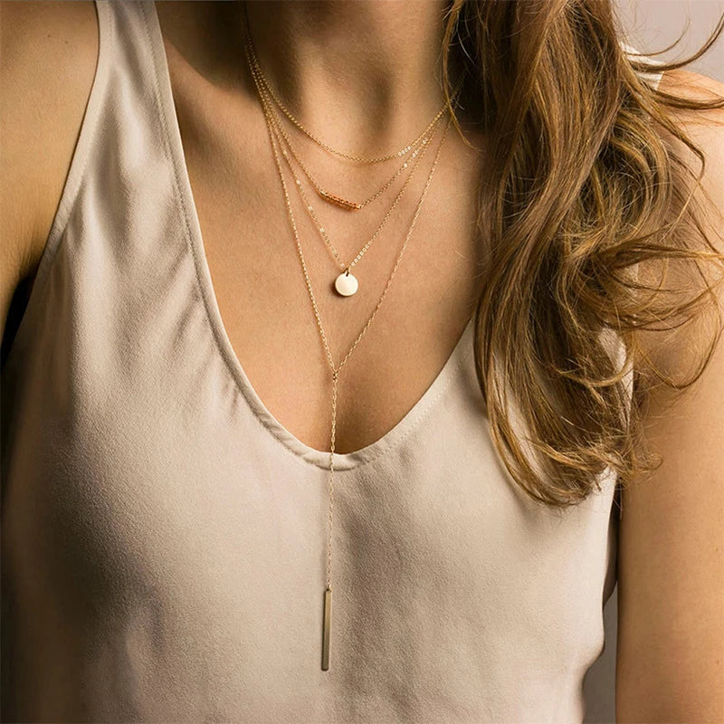 Elegant geometric long necklace made from premium stainless steel, featuring a delicate chain and captivating design for refined British style.