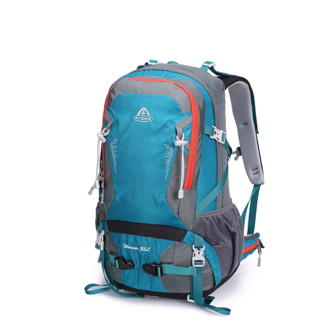 Durable outdoor climbing backpack with integrated raincover, featuring waterproof nylon construction, adjustable straps, and multiple storage compartments.