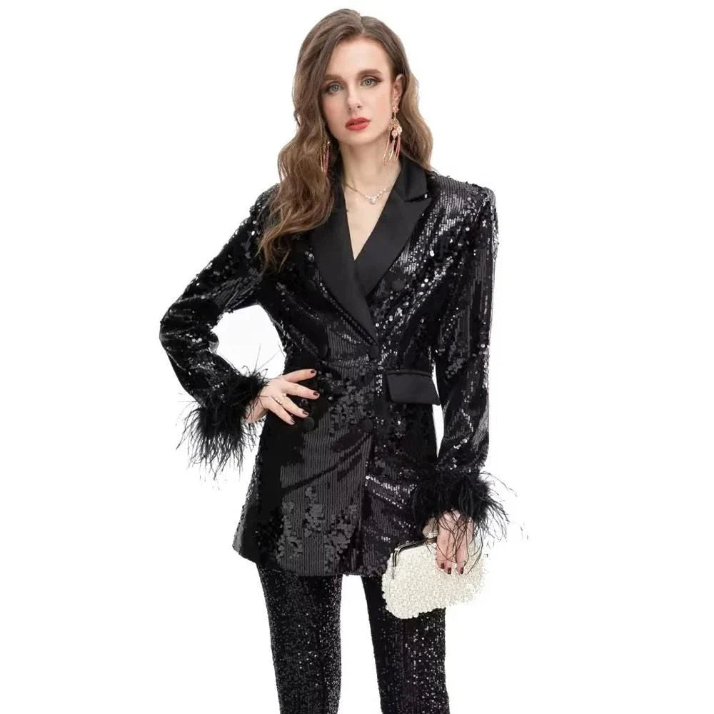 Elegant double-breasted blazer with feather and sequin embellishments, available in black and various sizes