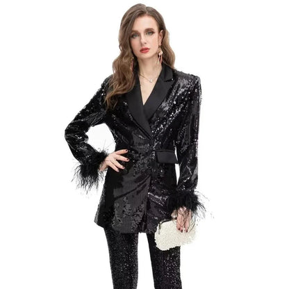 Elegant double-breasted blazer with feather and sequin embellishments, available in black and various sizes