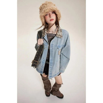 Stylish leopard-print denim jacket with a patchwork design, perfect for versatile fashion.