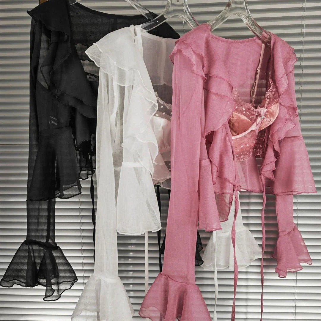 Elegant two-piece chiffon cardigan set with lace trim, available in black, white, and pink colours