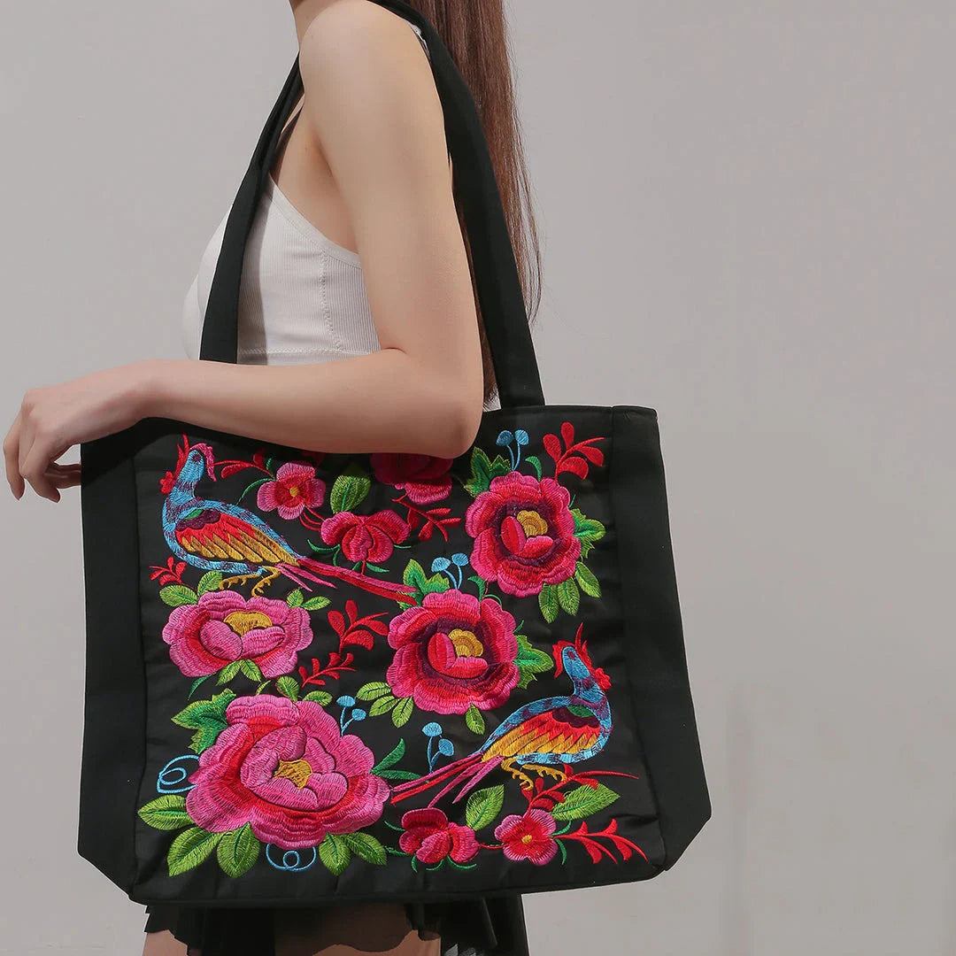 Elegant British Phoenix Embroidered Canvas Shoulder Bag for Women - Timeless Elegance and Cultural Heritage