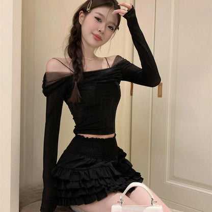 Elegant black off-shoulder blouse made of French-inspired polyester mesh fabric