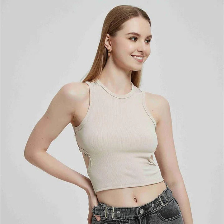 A chic and stylish ribbed knit Y2K tank top in a classic green colour, designed for the fashion-conscious British consumer.