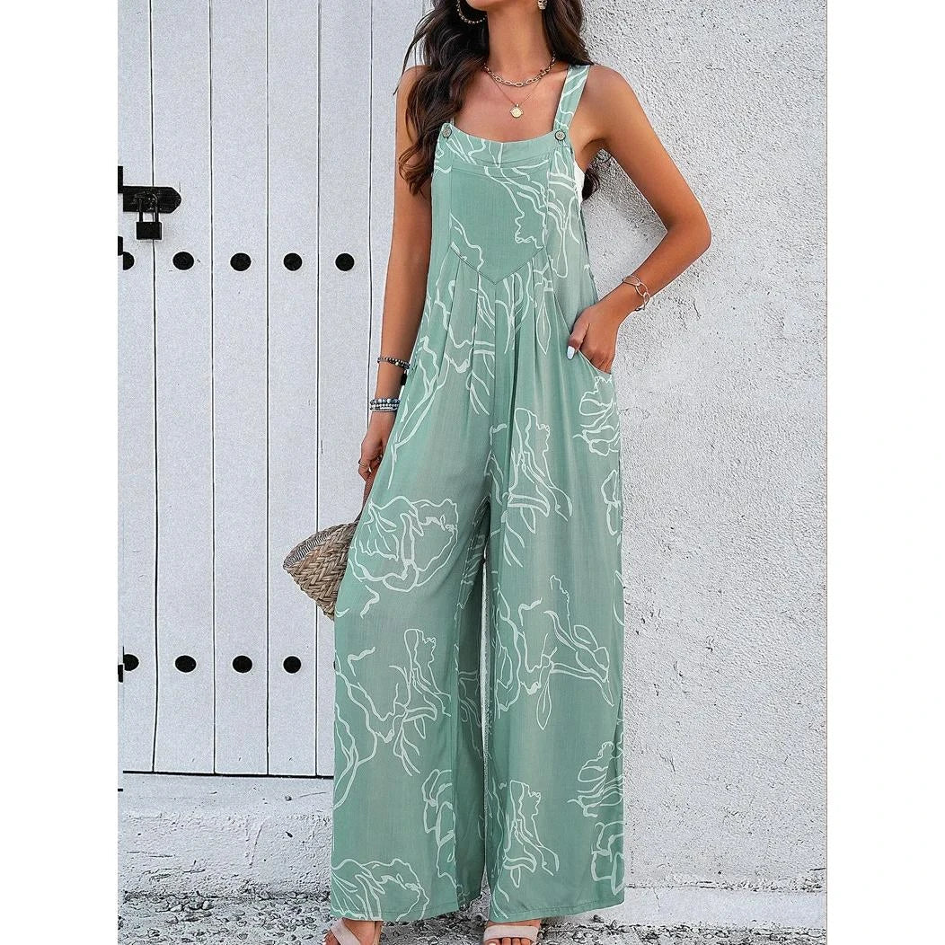 Elegant wide-leg jumpsuit with geometric print and suspenders, perfect for the fashion-conscious British woman