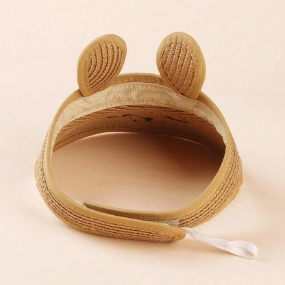 Rabbit-themed straw sun hat for kids with adjustable strap and foldable design for portability