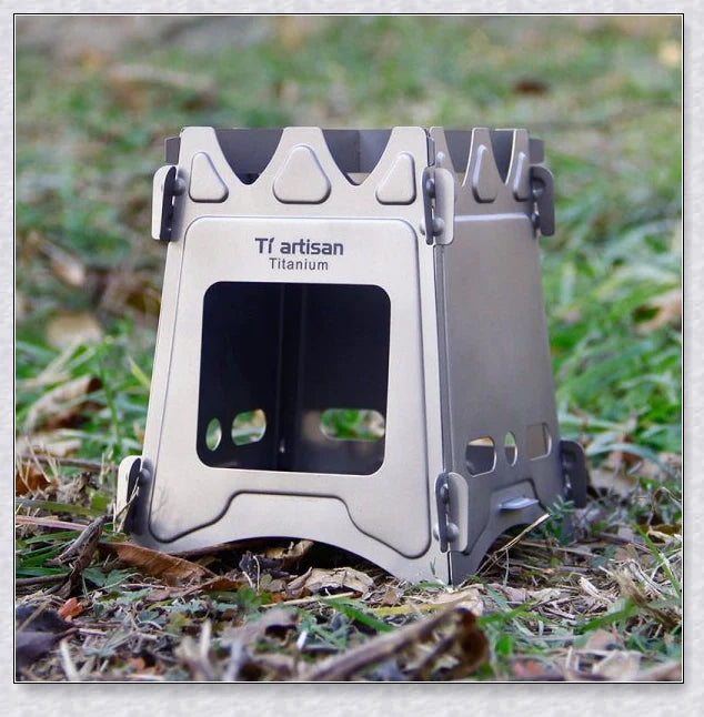 Compact titanium wood-fired camping stove with efficient air flow design and ultralight construction for easy portability