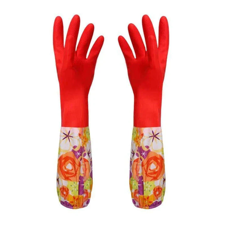 Elegant floral print rubber kitchen gloves with long 49.5 cm length for superior arm coverage and protection