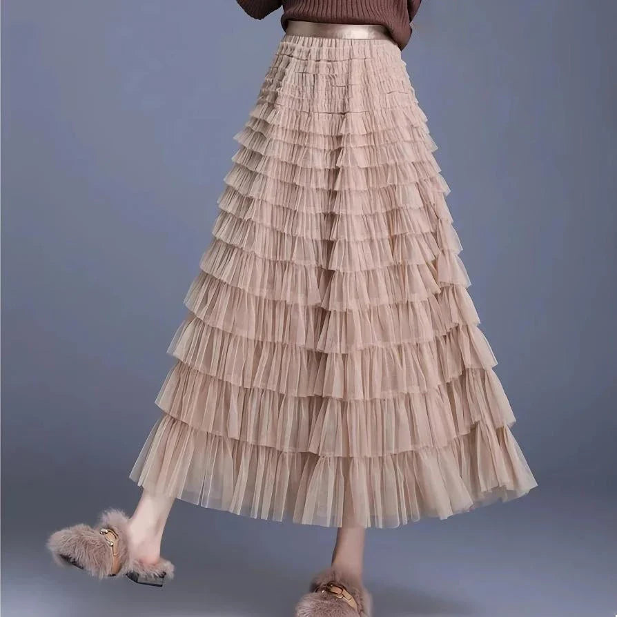 Elegant British Summer Tulle Skirt in Champagne colour, featuring a flattering A-line silhouette and charming tiered design
