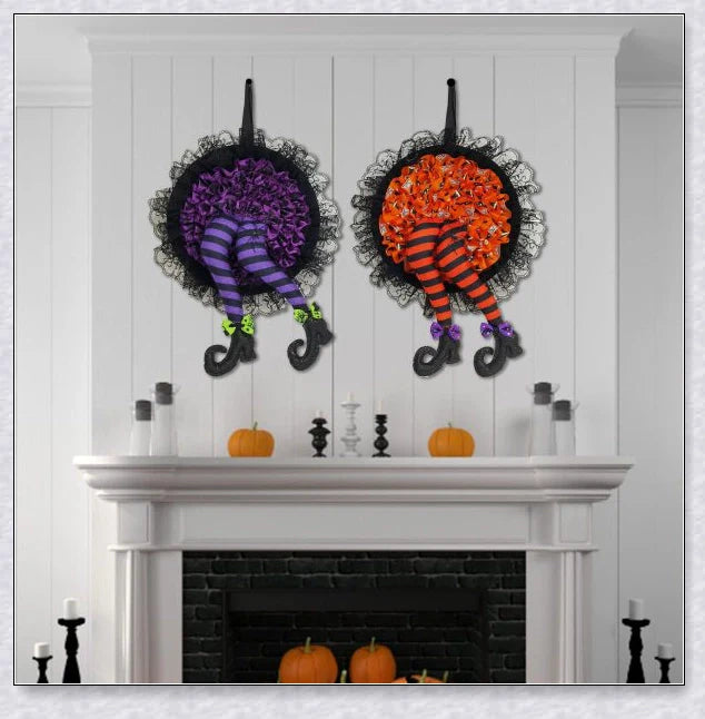 Halloween Witch Wreath with Intricate Lace, Striped Legs, and Glitter Boots for Spooktacular Seasonal Decor