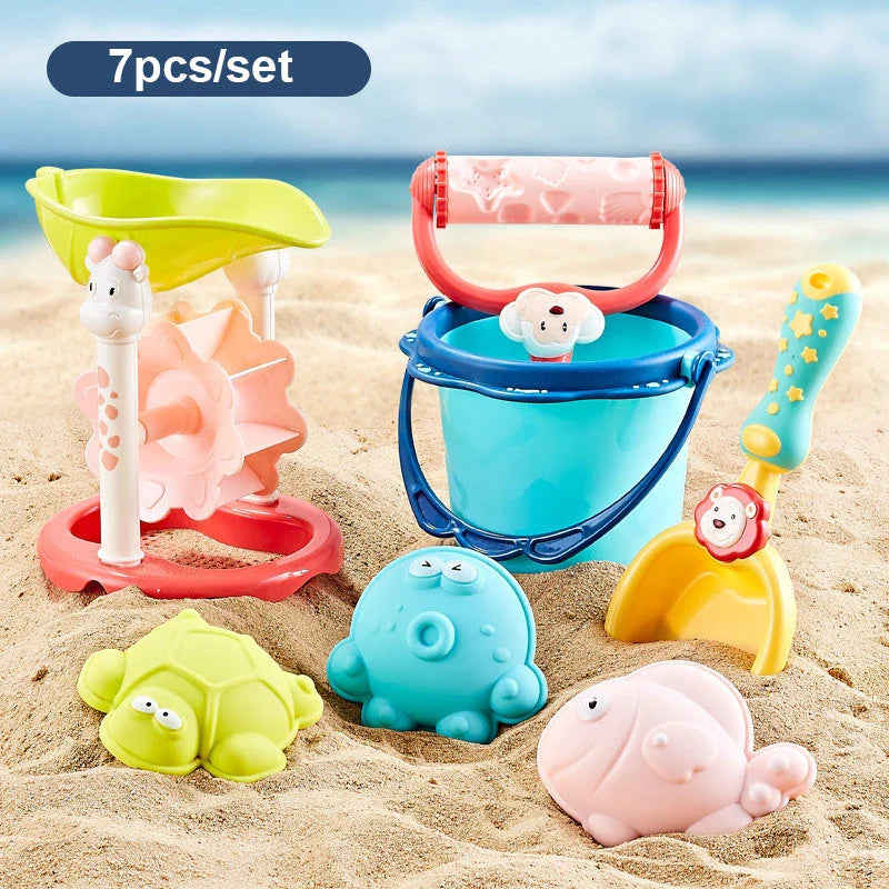 Colourful and vibrant baby beach toy set with shovels, sand moulds, and a convenient carry bag