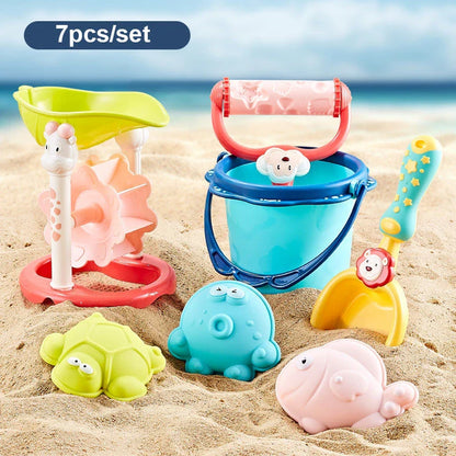 Colourful and vibrant baby beach toy set with shovels, sand moulds, and a convenient carry bag