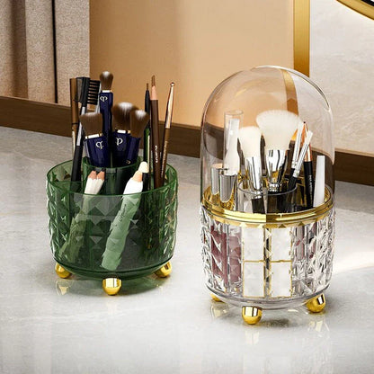 360-degree rotating makeup brush holder and organiser in transparent and green colours