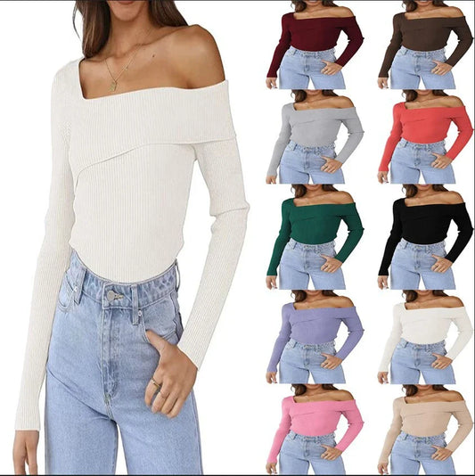 Elegant off-shoulder knitted sweater in various autumn colours, perfect for the British season