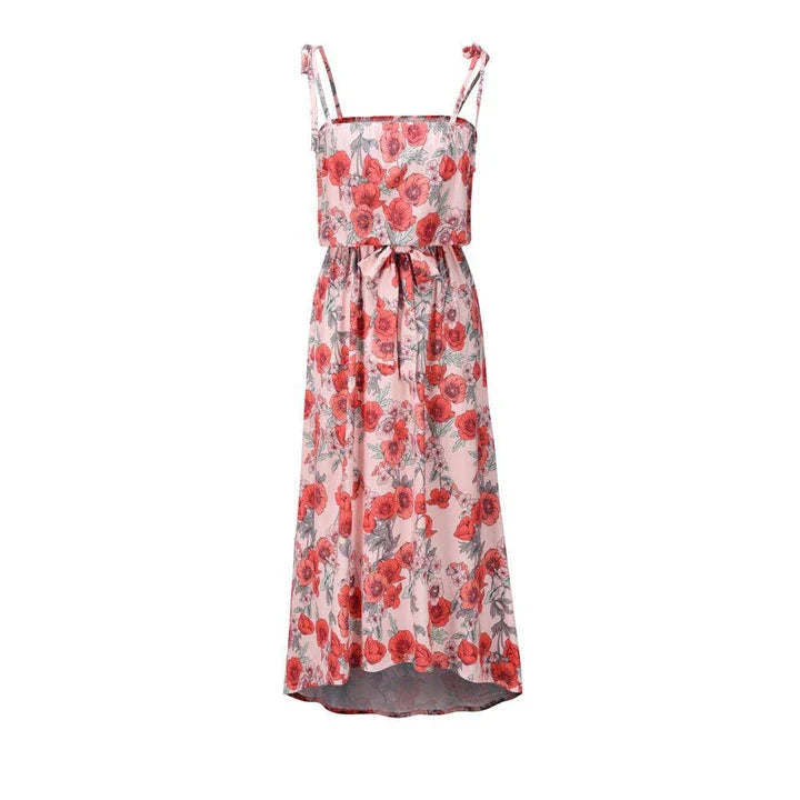 Printed camisole dress with a flattering mid-length swing skirt and a high-waisted design for a stylish, figure-enhancing look.