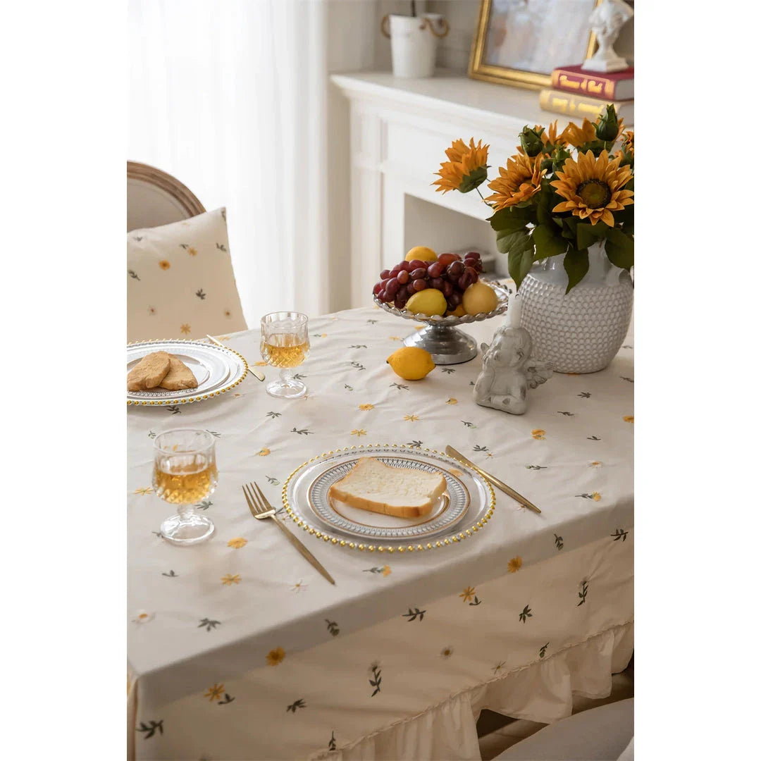 Elegant British Cotton Tablecloth with Intricate Apricot Embroidery and Lotus Leaf Edge