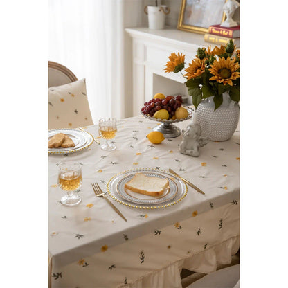Elegant British Cotton Tablecloth with Intricate Apricot Embroidery and Lotus Leaf Edge