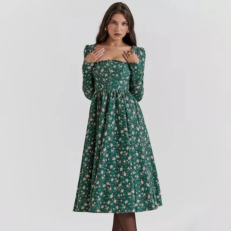 Elegant plaid A-line midi dress with square collar, backless design, and empire waistline