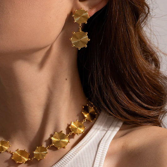Elegant palace-style retro stainless steel earrings with 18k gold plating, featuring a textured disc design