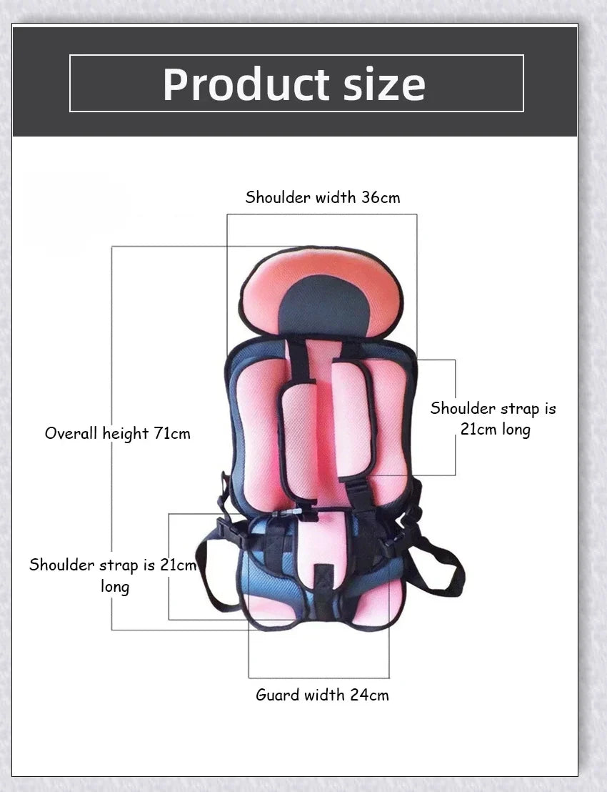 Adjustable infant car seat cushion with 5-point harness, plush padding, and foldable design for safe and comfortable travel with children