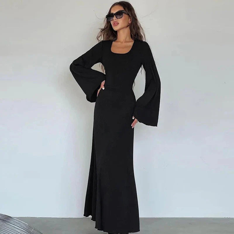 Elegant U-neck dress with lace-up back and flowing bell sleeves in a variety of sophisticated colours
