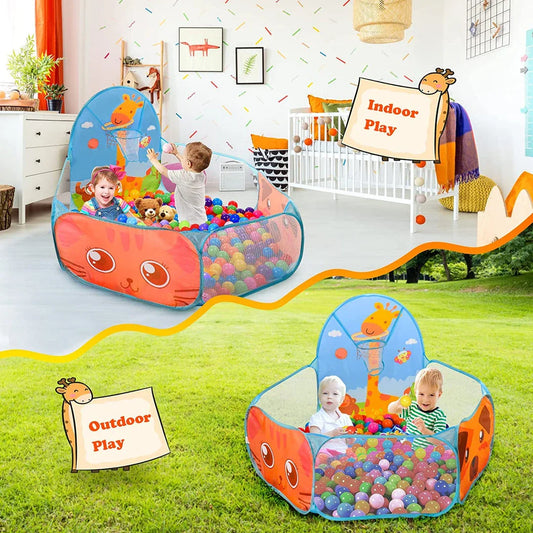 Portable Kids Ball Pit Play Tent with Colourful Animal Graphics and Basketball Hoop