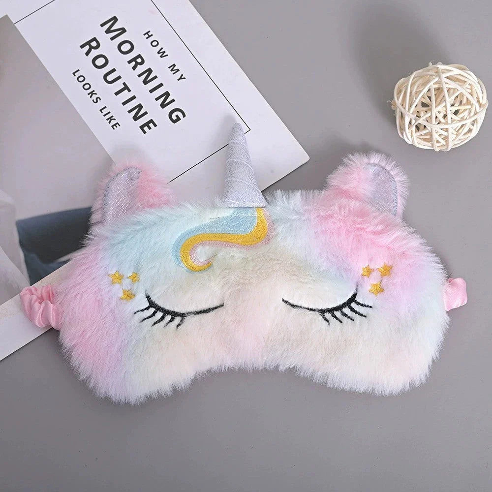 Cosy glitter unicorn sleep mask with plush fabric and adjustable elastic band for a comfortable, customised fit