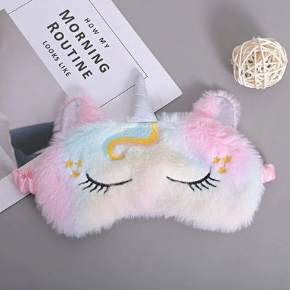 Cosy glitter unicorn sleep mask with plush fabric and adjustable elastic band for a comfortable, customised fit
