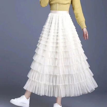 Elegant British Summer Tulle Skirt in Champagne colour, featuring a flattering A-line silhouette and charming tiered design