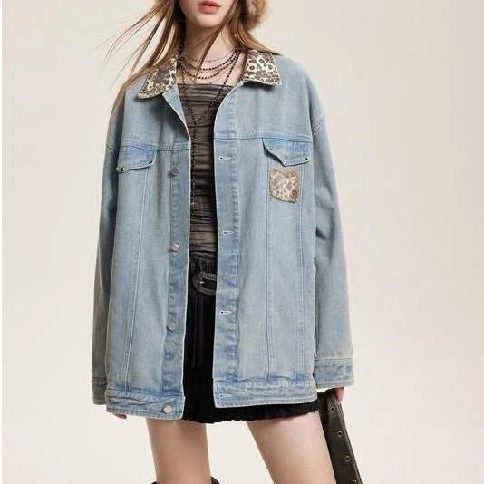 Stylish leopard-print denim jacket with a patchwork design, perfect for versatile fashion.