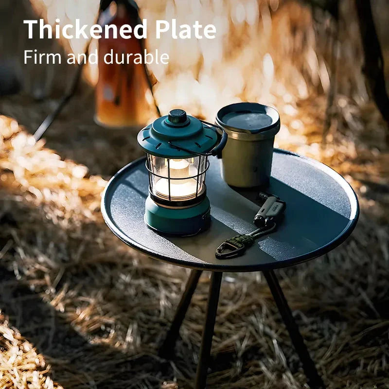 Adjustable ultralight portable camping round table with optional light stand, made from premium ABS and aluminium for durability and convenience